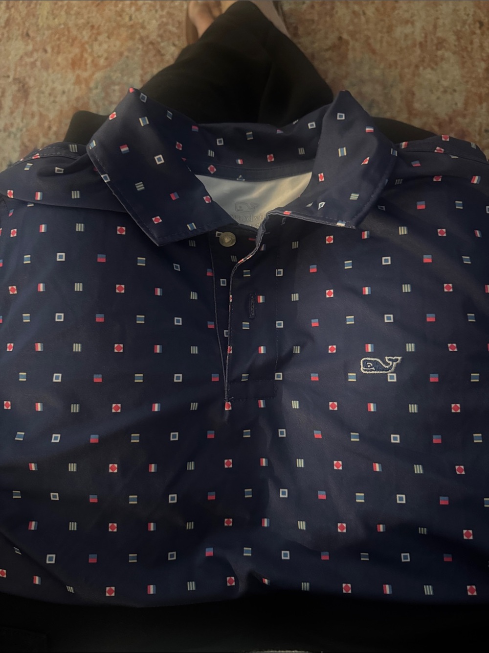 Vineyard Vines Navy Polo with Red and White Geometric Print